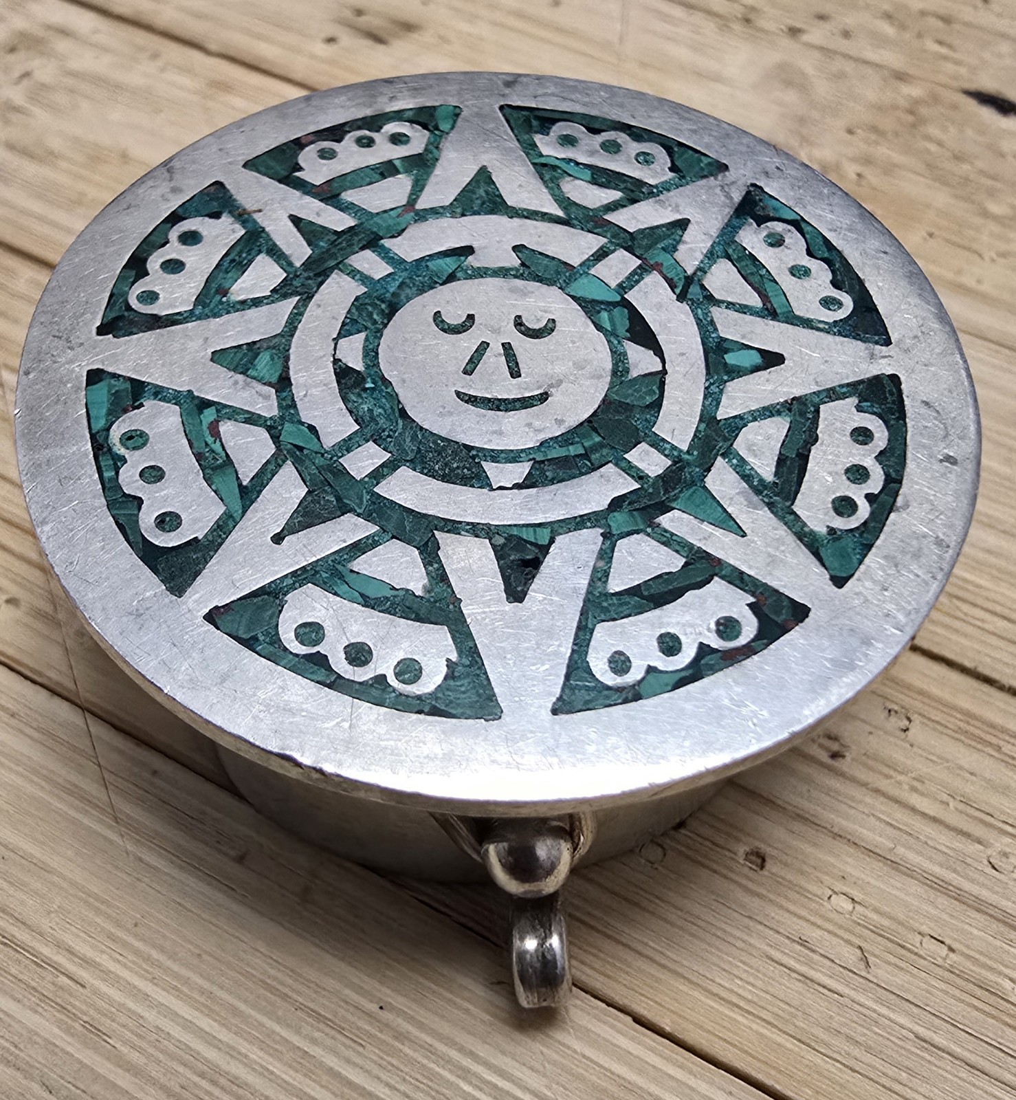 Vintage Mexican Sterling Silver & Malachite Pill Box - TM-13 Taxco - 1oz