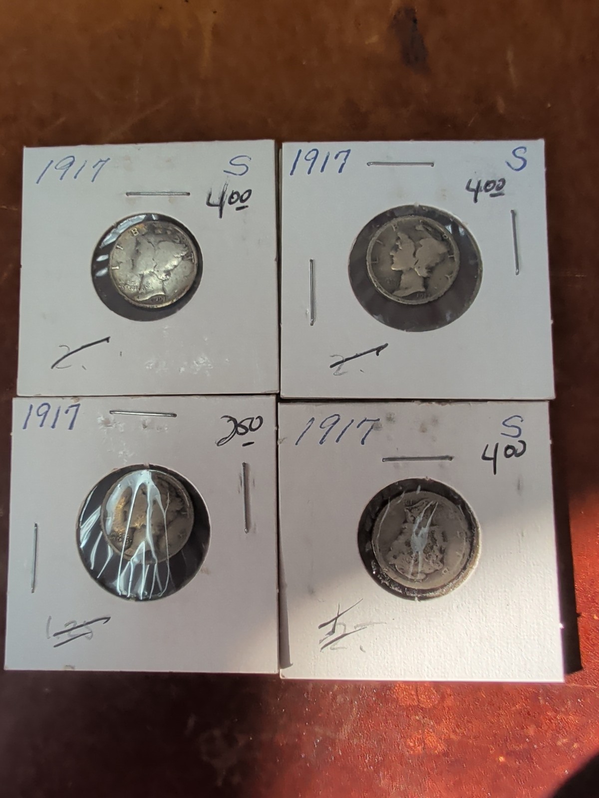Lot Of 4 Circulated 1917 Mercury Dimes