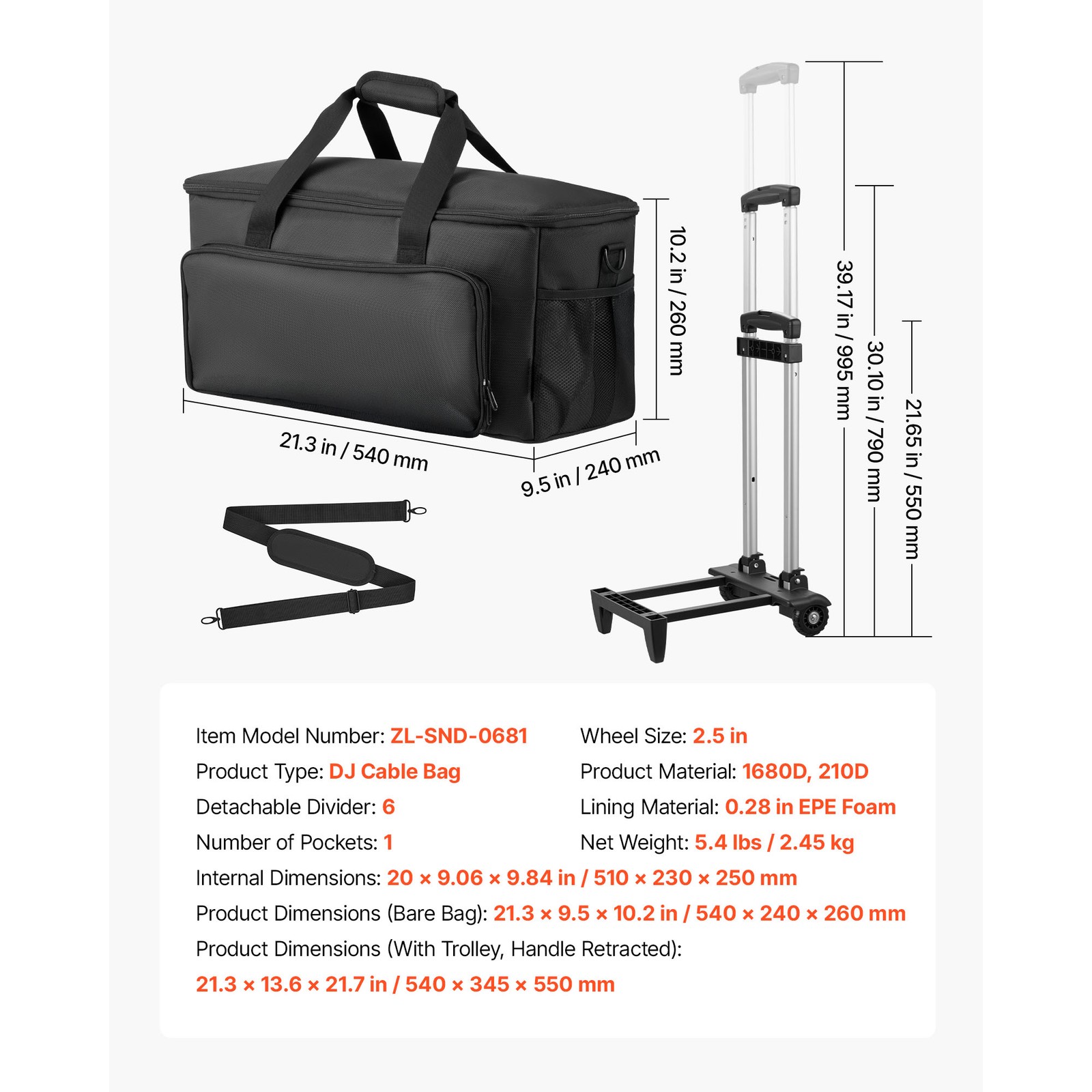 Uimoso Rolling DJ Cable Bag with Wheels, Padded Design, 6 Adjustable Dividers