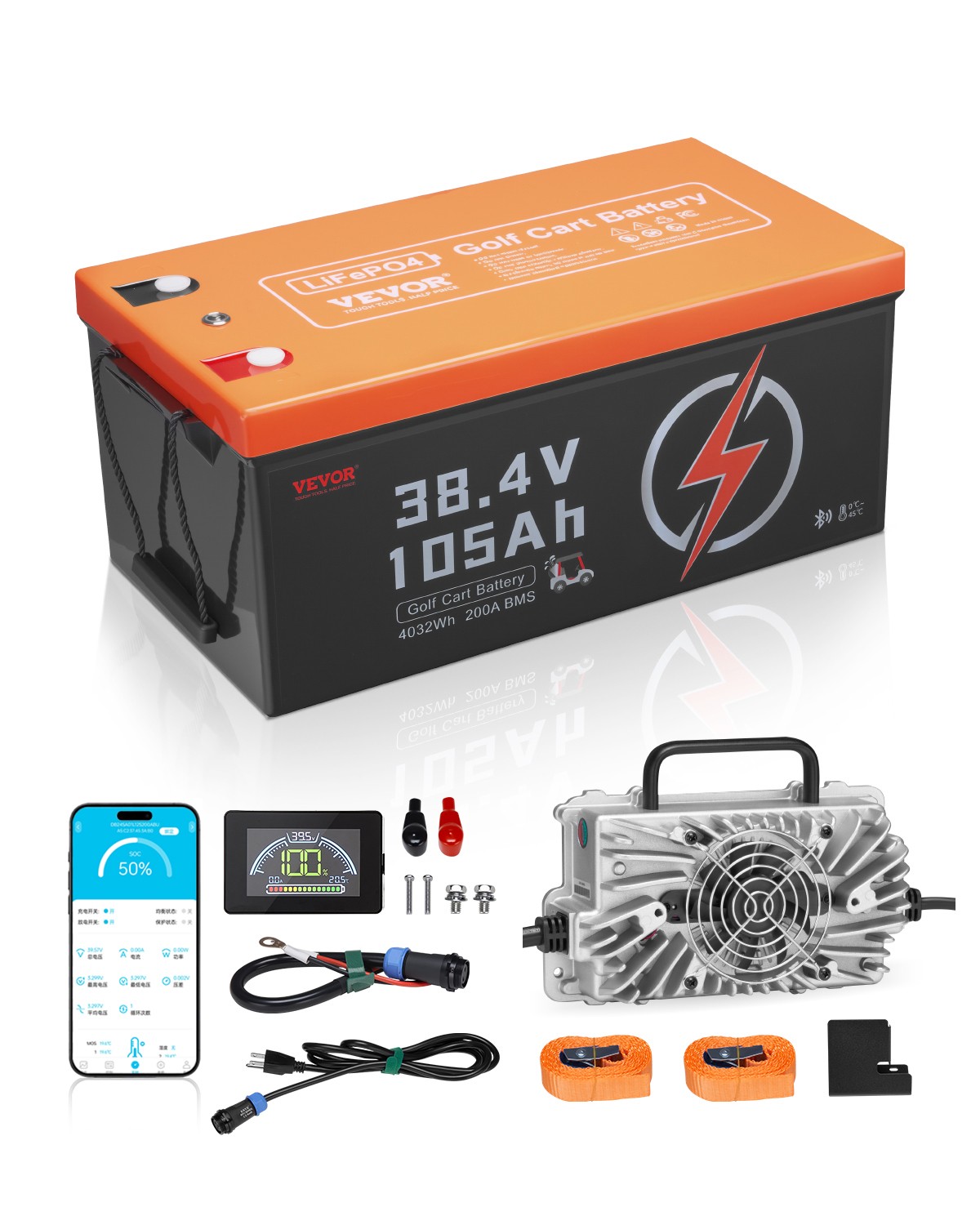 VEVOR 36V 105Ah Golf Cart Lithium Battery 20A Charger LCD Monitor & 4000+ Cycle