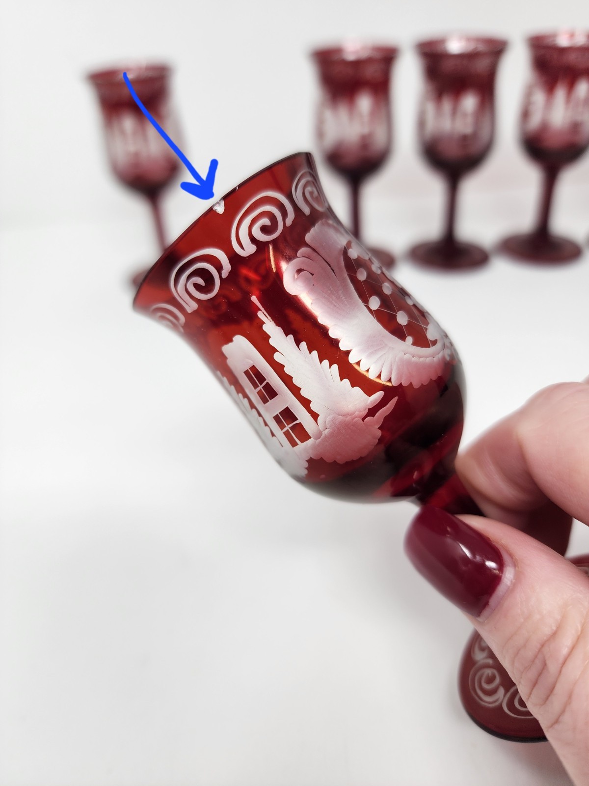 Set Of Egermann Bohemian Ruby Red Glass Decantor With Stopper & 6 Glasses