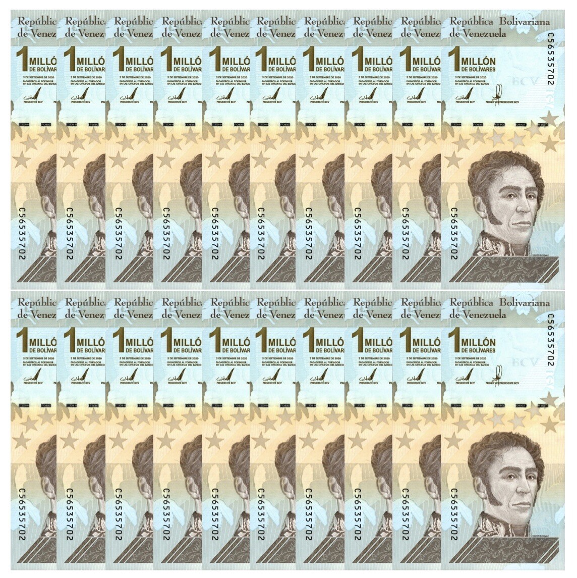 Venezuela 1 Million Bolivar Soberano qty 20 UNC Banknote 2020, New COA