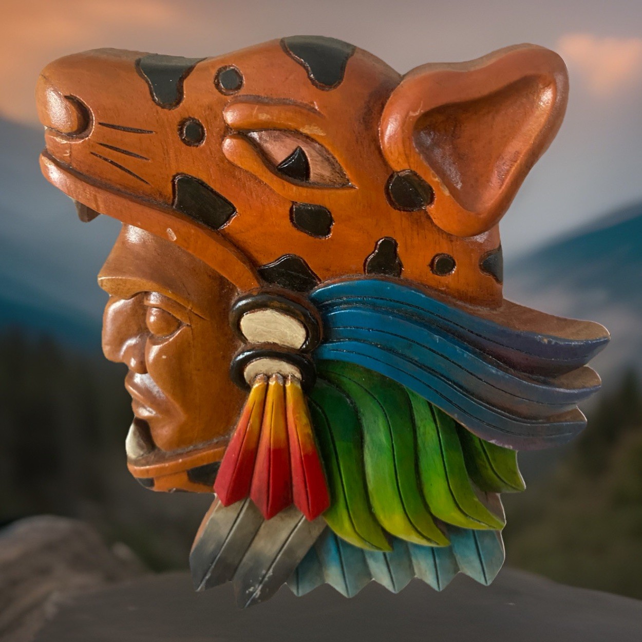 Jaguar Warrior, Aztec and Maya Culture, Mexican Art, 3D carving, handmade 9”x7”