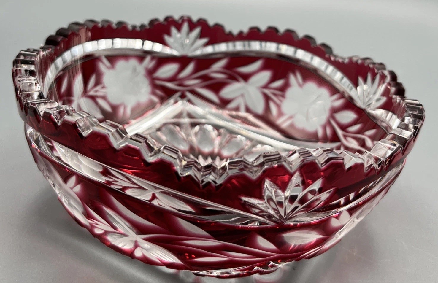 Vintage Ruby Red Cut to Clear Crystal Bowl Sawtooth Rim Etched Roses Starburst