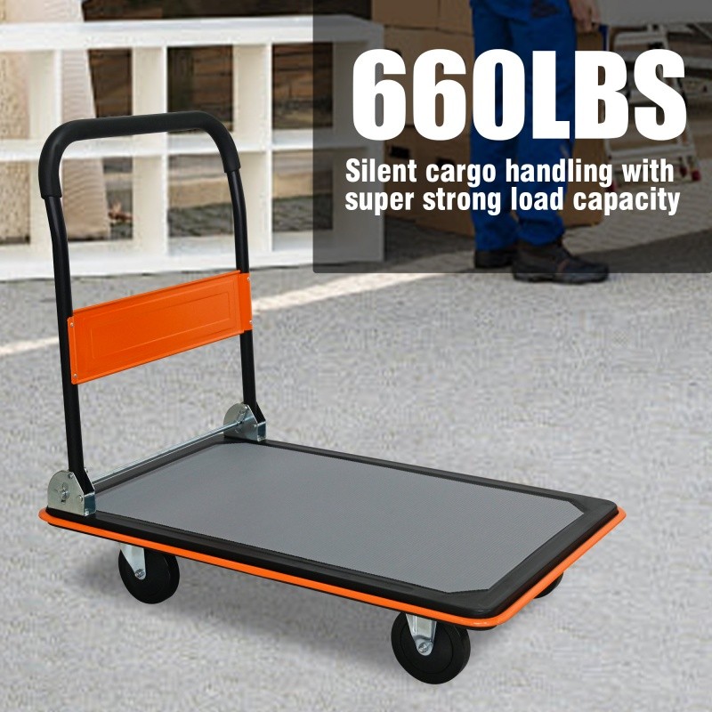 660lbs Flatbed Cart, Orange Foldable Cart Dolly 35.4"X23.6" Platform Hand Truck