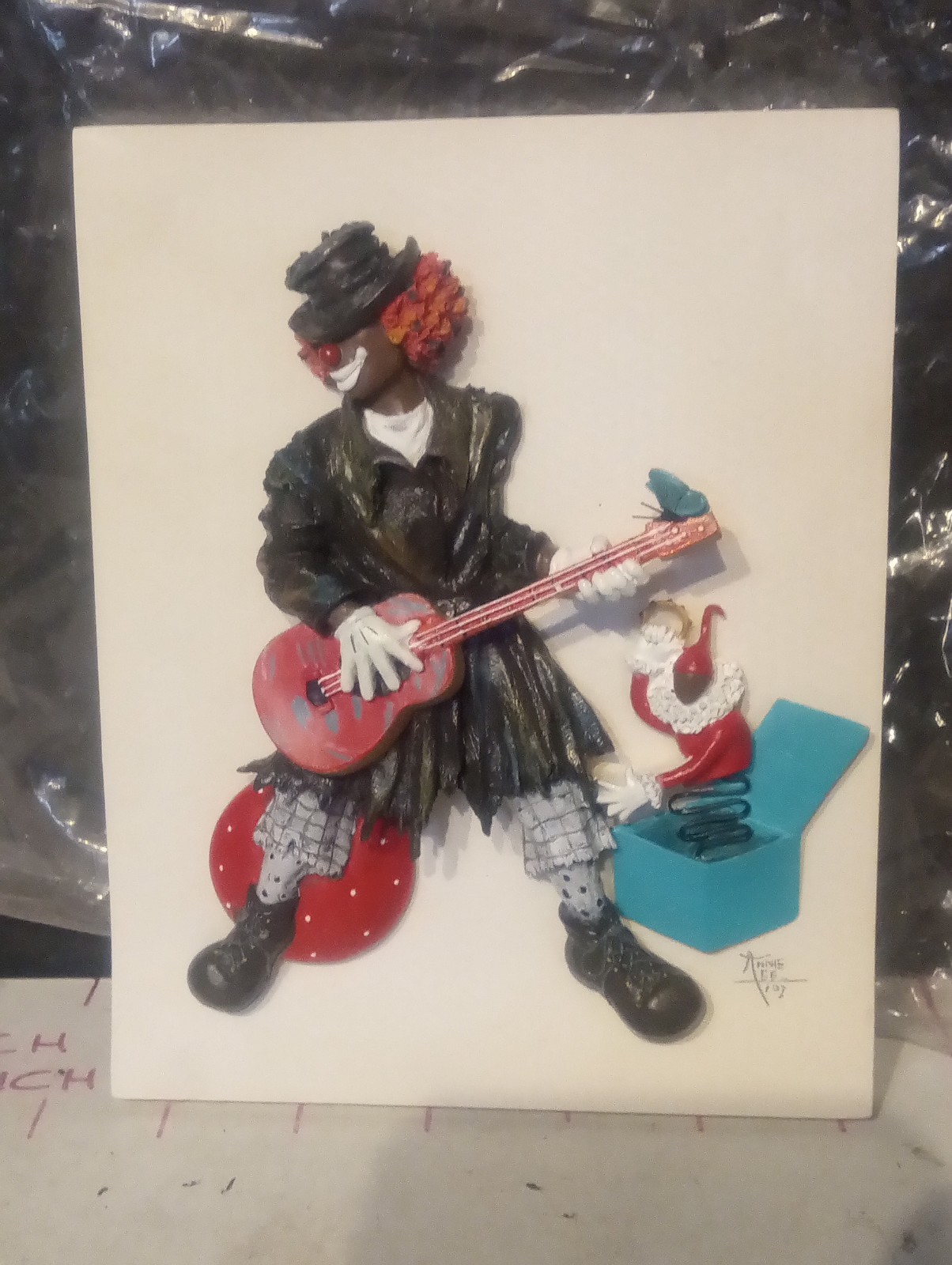 Vintage Annie Lee Red Ball and Butterflies CLOWN GUITAR CERAMIC WALL PLAQUE