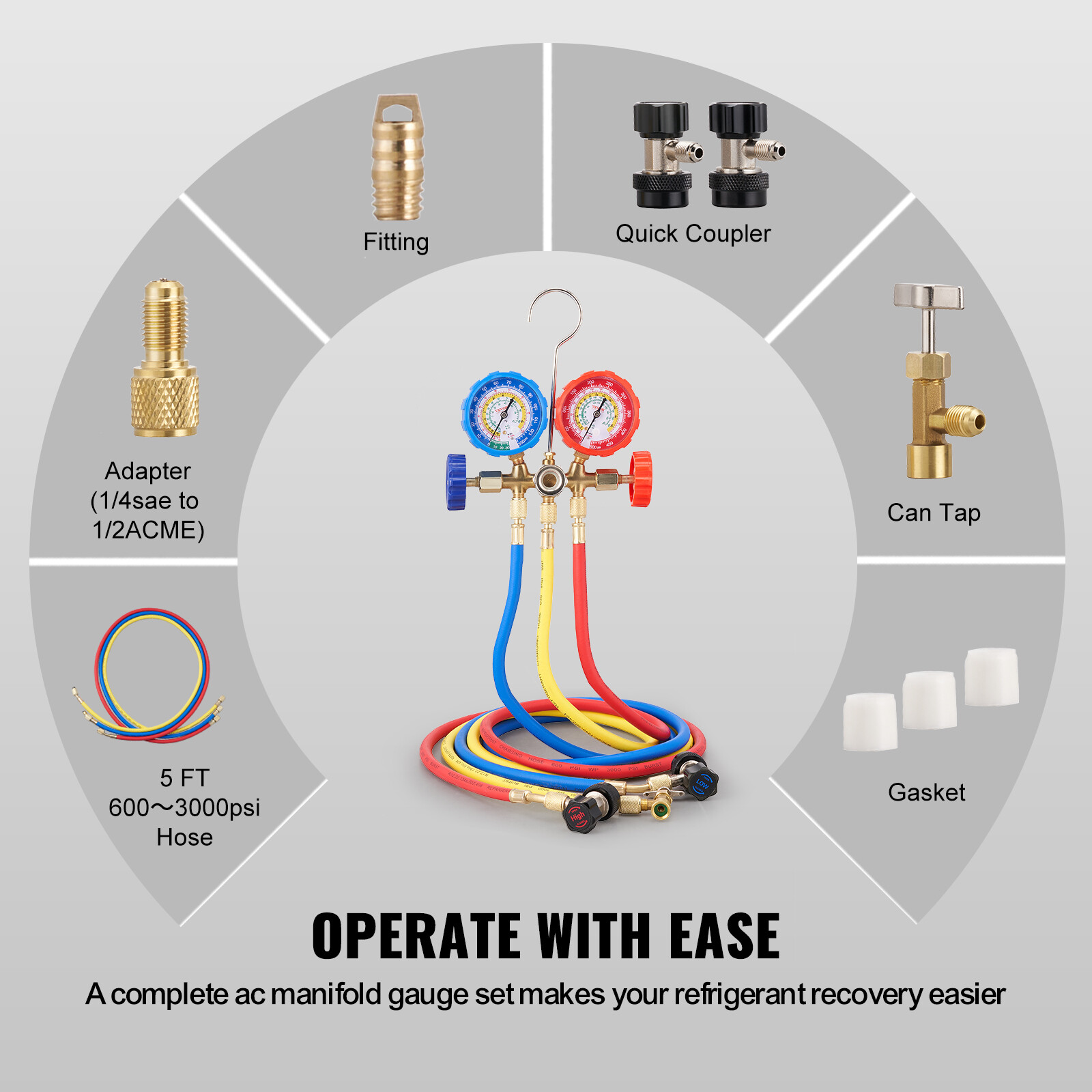 VEVOR AC Manifold Gauge Set 3-Way Fit R134A R22 R12 R502 Refrigeration Charging