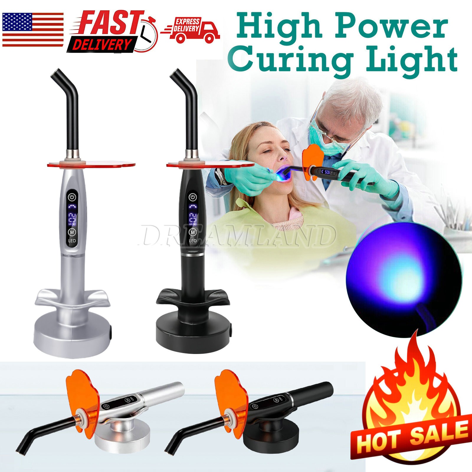 Dental Wireless Cordless LED Cure Curing Light Lamp 2000mw 5W Tool Resin Cure US