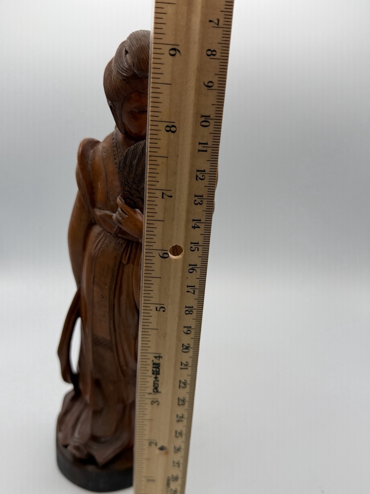 Vintage Hand Carved Wood Geisha Figurine Woman With Fan Asian Statue 9”