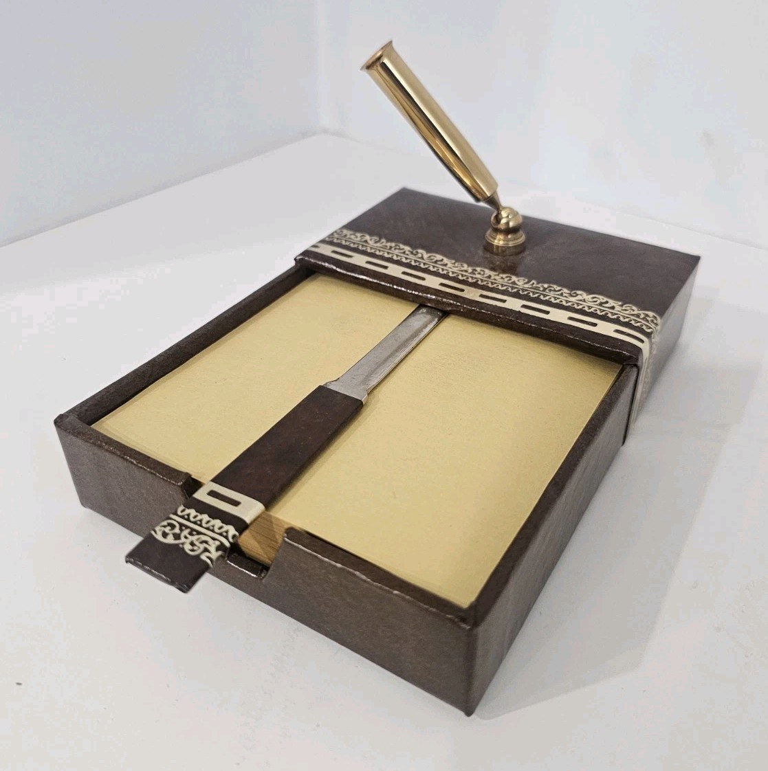 Vintage Desk Set Letter Opener Memo Holder Faux Leather Gold Office Desk...