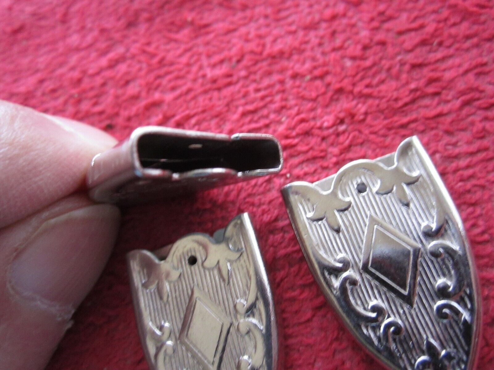 3 VINTAGE LEATHER or CLOTH BELT END TIPS, EMBOSSED, 3/4" ,NICKEL PLATED, NOS