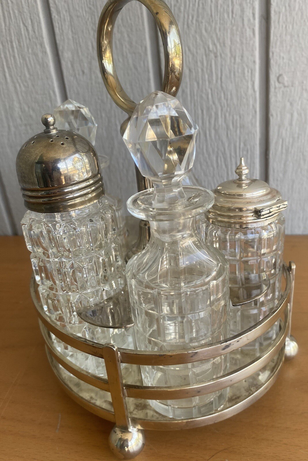 1887 Walker & Hall Victorian Silver Plate Antique Cut Crystal 6 pc Cruet Set