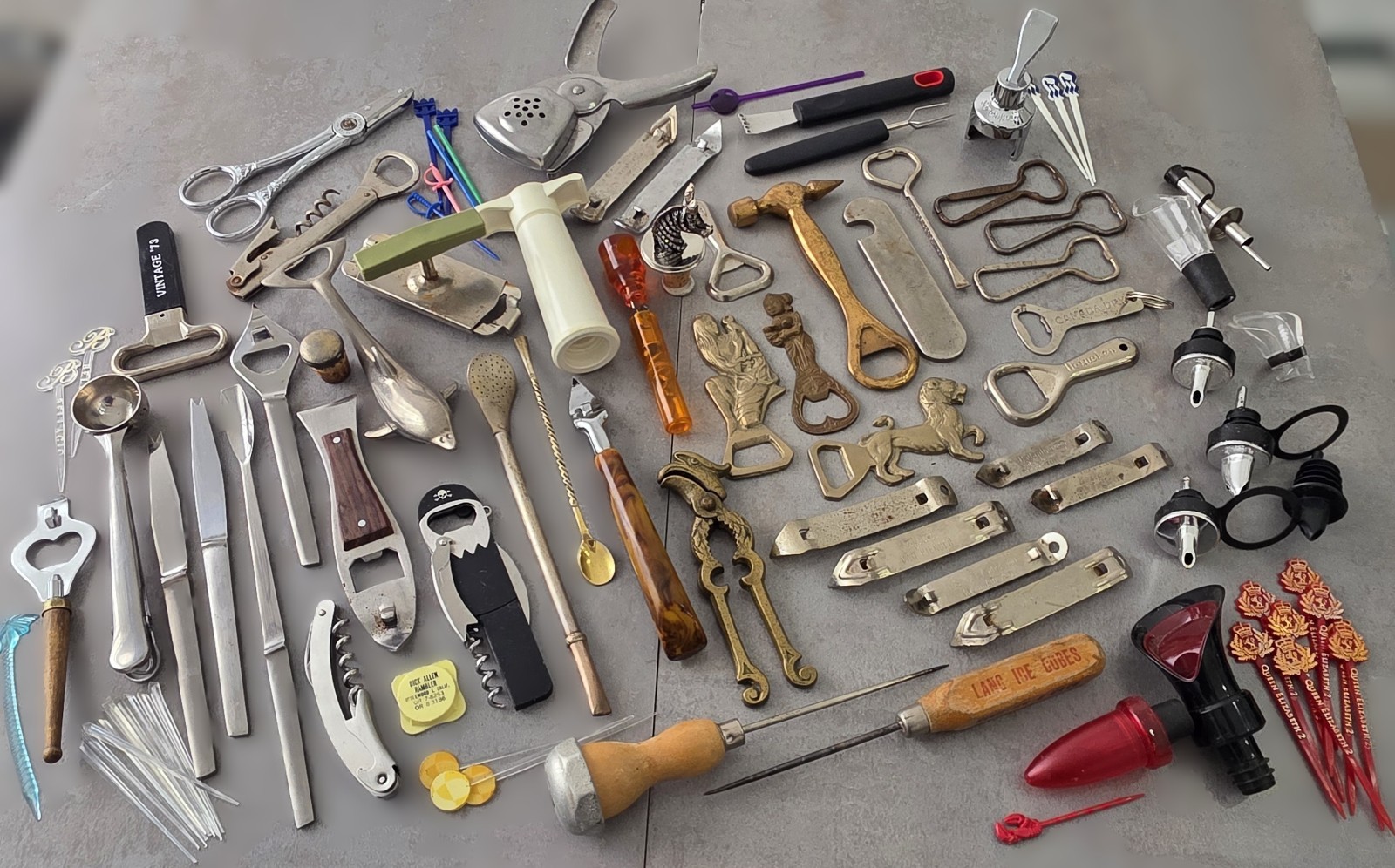 58 pc Lot of Vintage Bottle Openers, Picks, Barware, Bronze, Brass, Chrome, etc.
