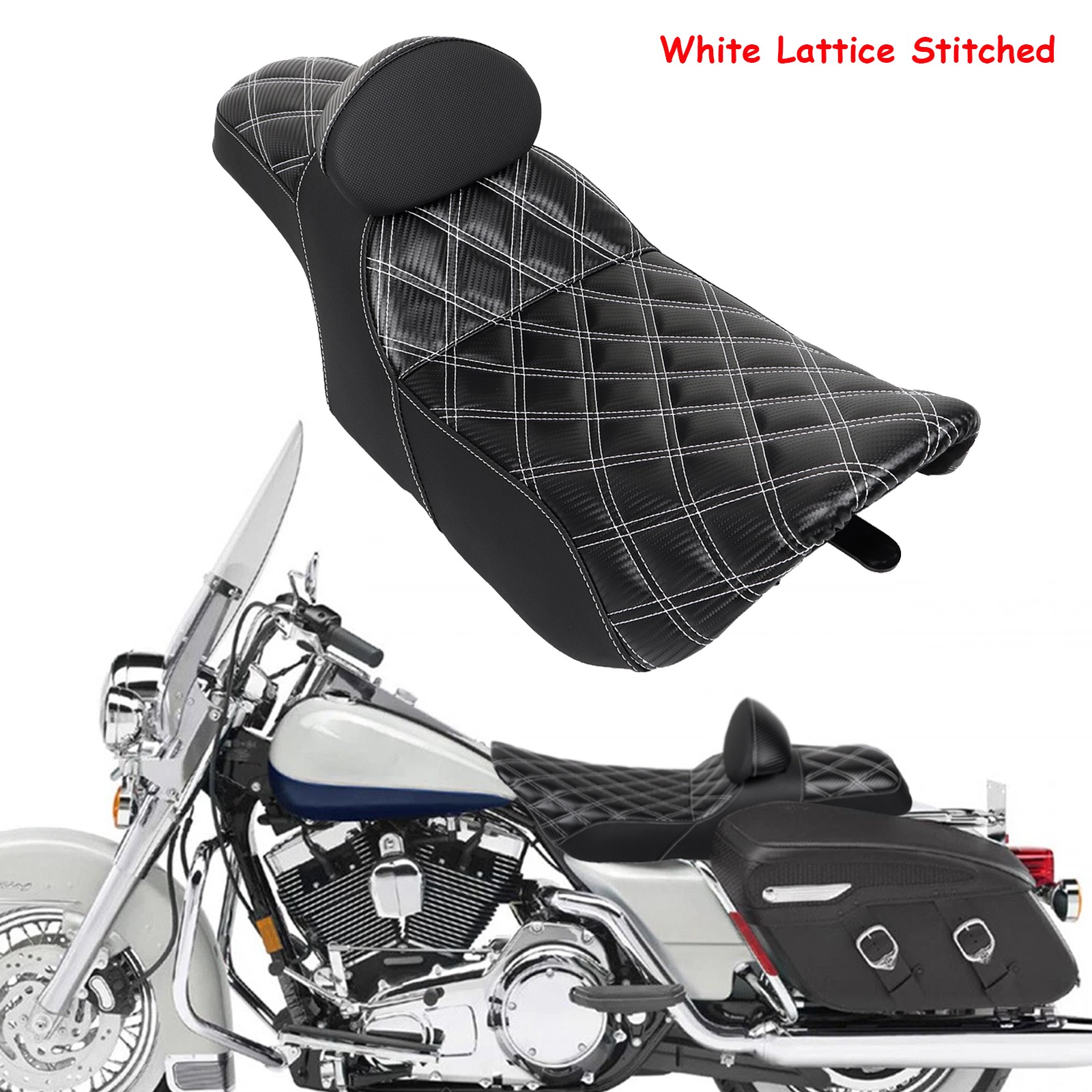 White Diamond Driver Passenger 2-Up Seat w/ Backrest For Harley Road King 97-07