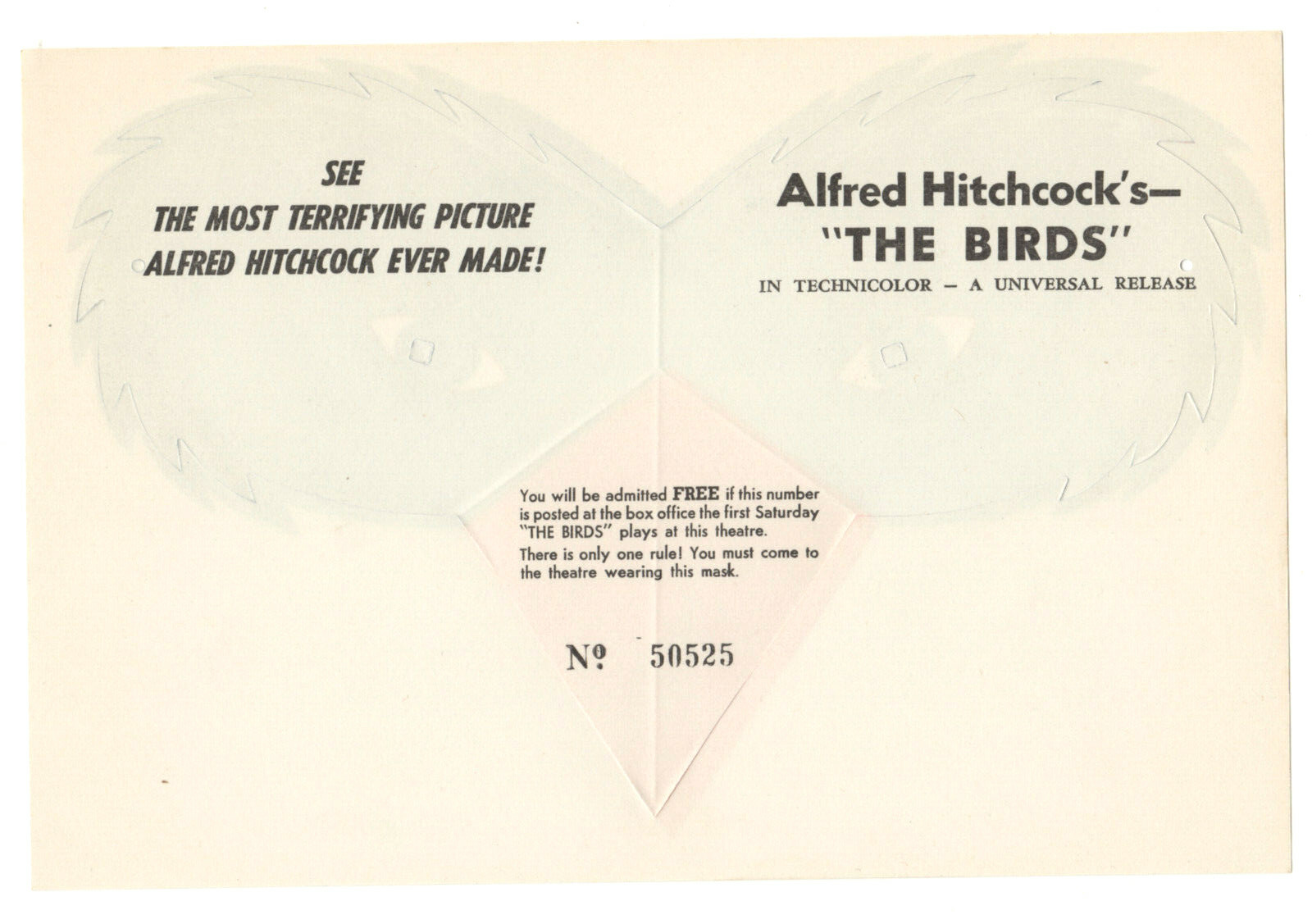 Alfred Hitchcock's THE BIRDS - Vintage 1963 Movie Promotional Mask UNUSED & RARE