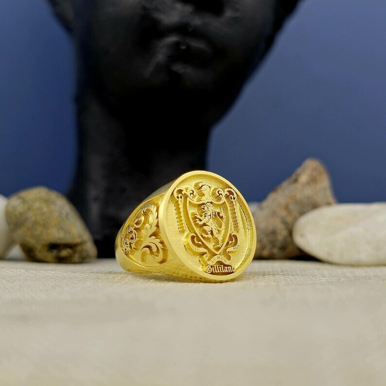 Custom Gold Plated Crest Ring for Men - Engraved Coat of Arms Signet Jewelry