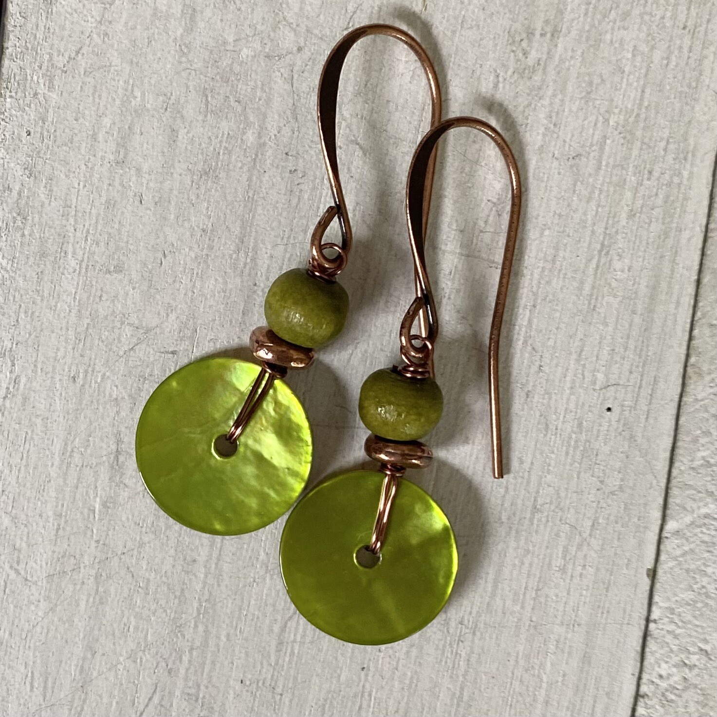 Min Favorit Lime Green MOP Shell, Wood & Antique Copper Artisan Earrings