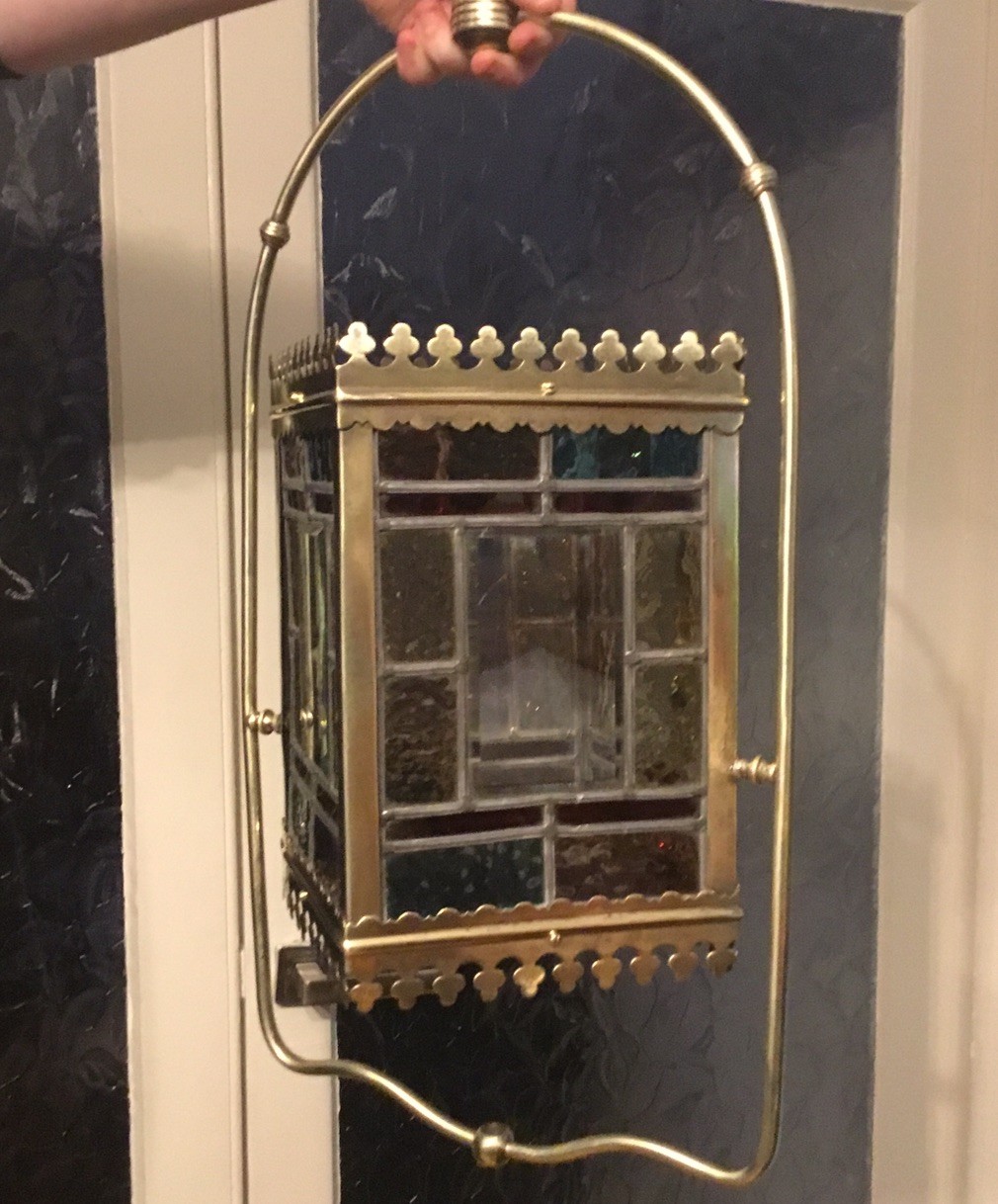 A BEAUTIFUL ANTIQUE BRASS & STAINED GLASS HALL LANTERN ,circa-1870.
