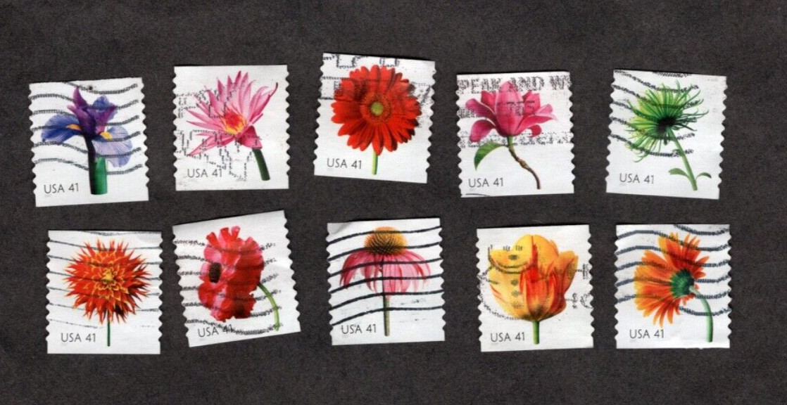 #4166-75 Beautiful Blooms "Blossoms" Coil, Used Set of 10, 41 cent, Off Paper