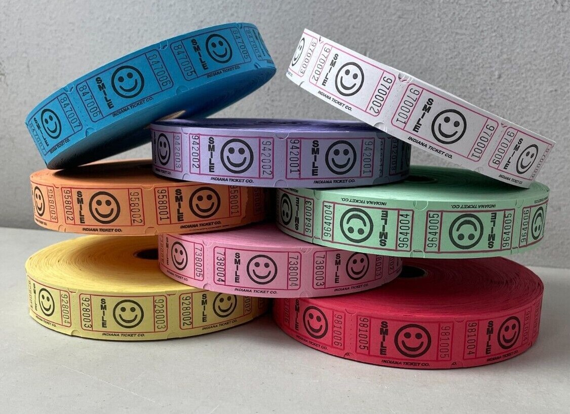 Roll of 1000 Smile Face Tickets Smile Emoji 8 Colors Raffle Fun Fair Carnival