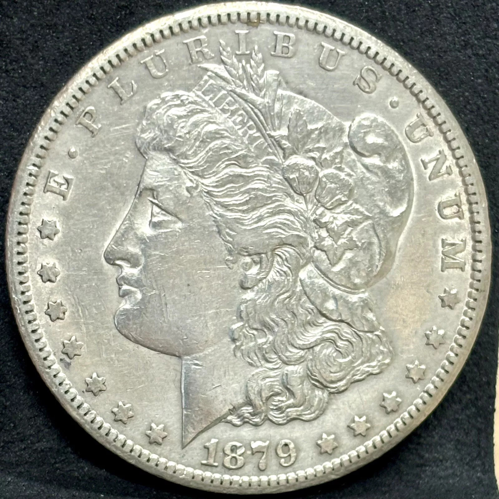 1879-CC Morgan Silver Dolar Coin, Capped, Choice VF Better Date