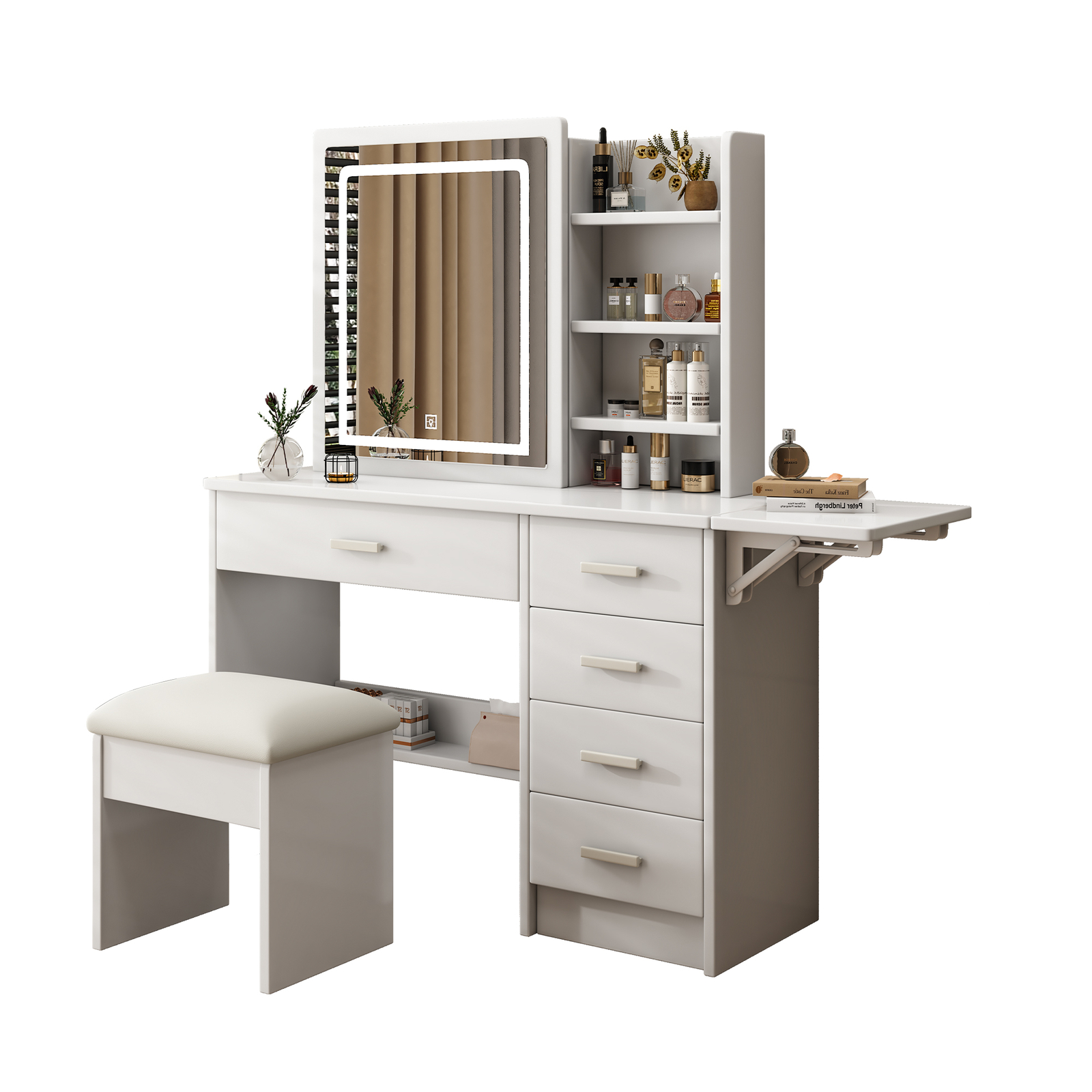 Vanity Desk with Mirror and Lights for Makeup with Open Shelves and Stool