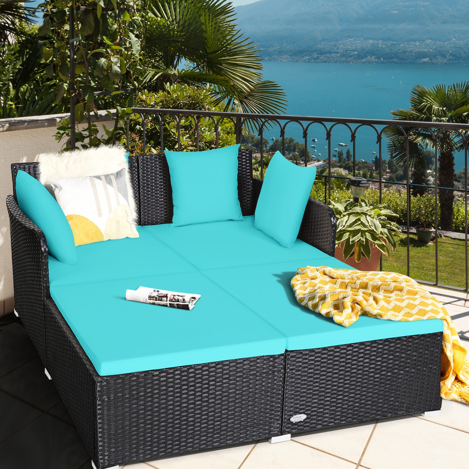 Rattan Patio Daybed Loveseat Sofa Yard Outdoor w/ Turquoise Cushions Pillows