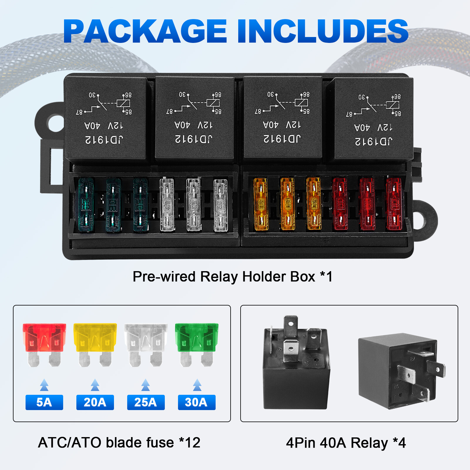12 Volt Fuse Relay Box Pre-Wired Fuse and Relay Box with 4 Relays and 12 Way