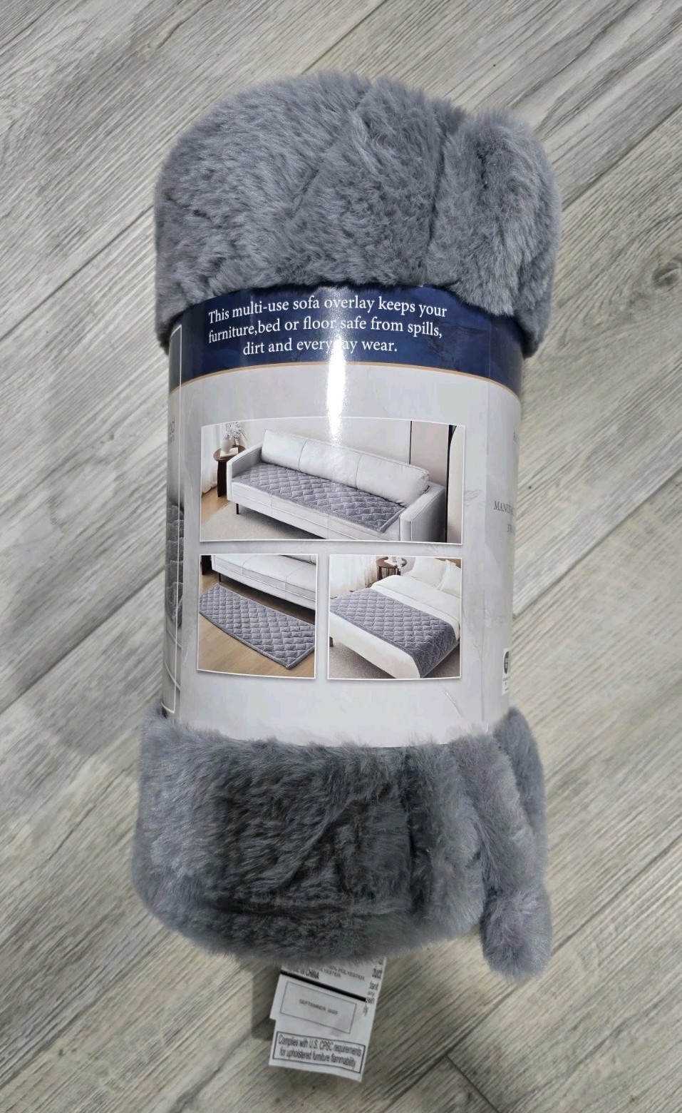 Brentwood Protective Sofa Overlay Grey Faux Fur 28x72” Waterproof Backing- NEW