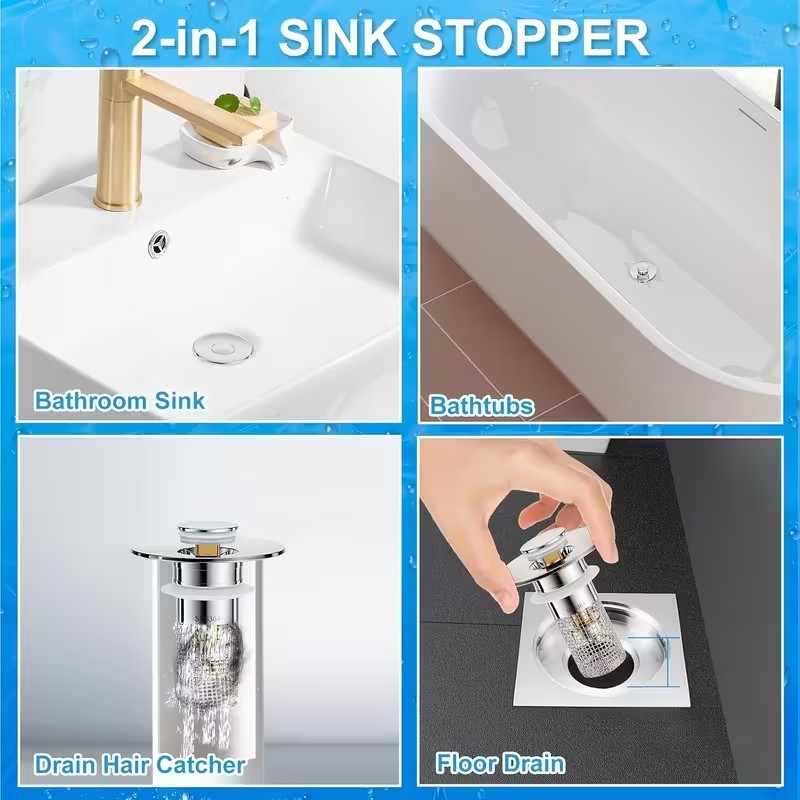 2-Pack Sink Stopper Hair Catcher Bathroom Pop Up Sink Drain Strainer Filter Plug