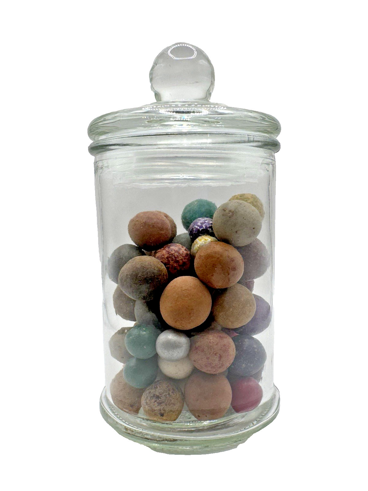 Antique Civil War Era Clay Marbles in Decorative Jar