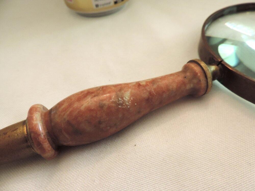 Large Vintage Brass Horse Head Stone Handled Desk Magnifying Glass 11"