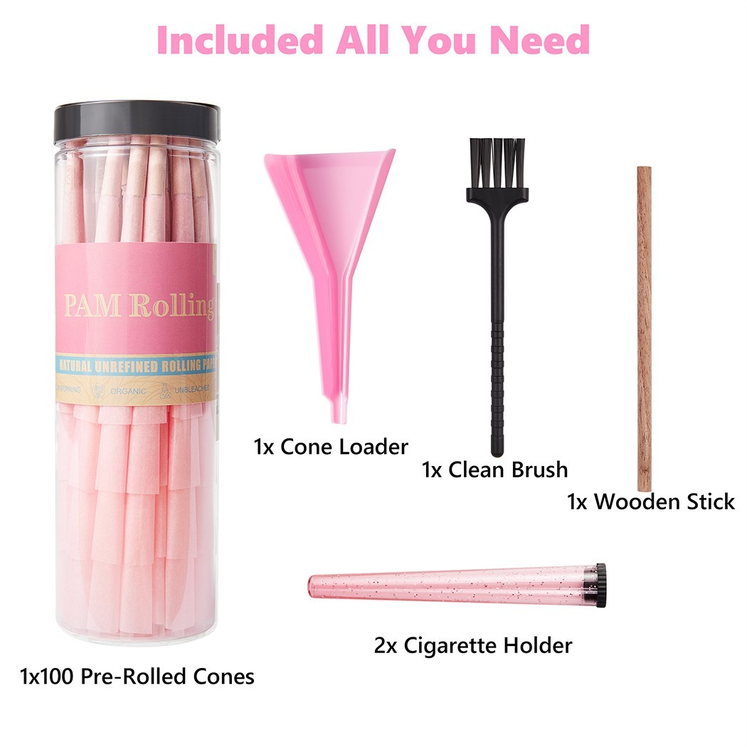 100Pack 1 1/4 Size W/Filter Tip Pre Rolled Cones with Cone Loader Stick and Tube