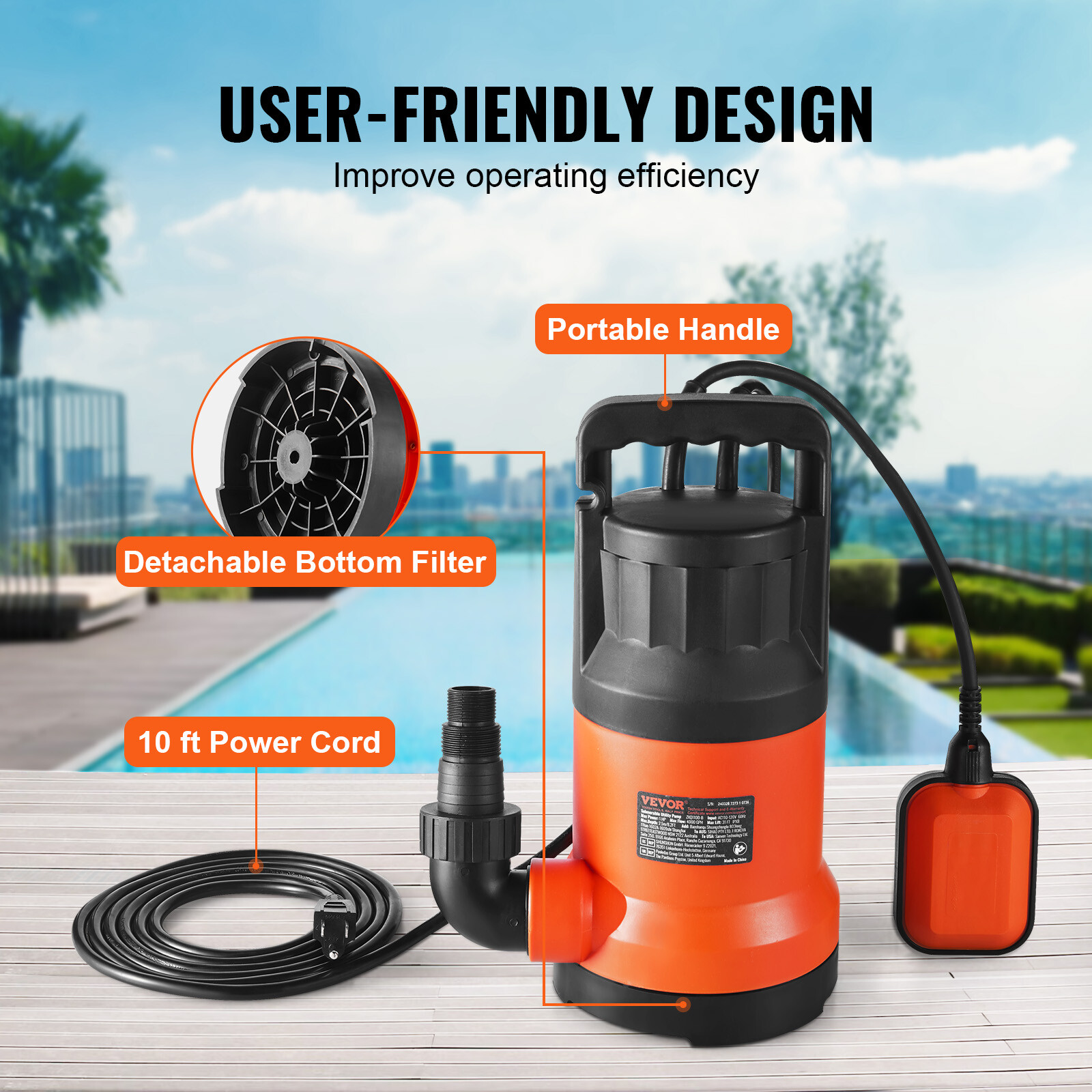 VEVOR Submersible Utility Pump Sump Pump 1 HP 4000 GPH 31 ft Head Water Pump