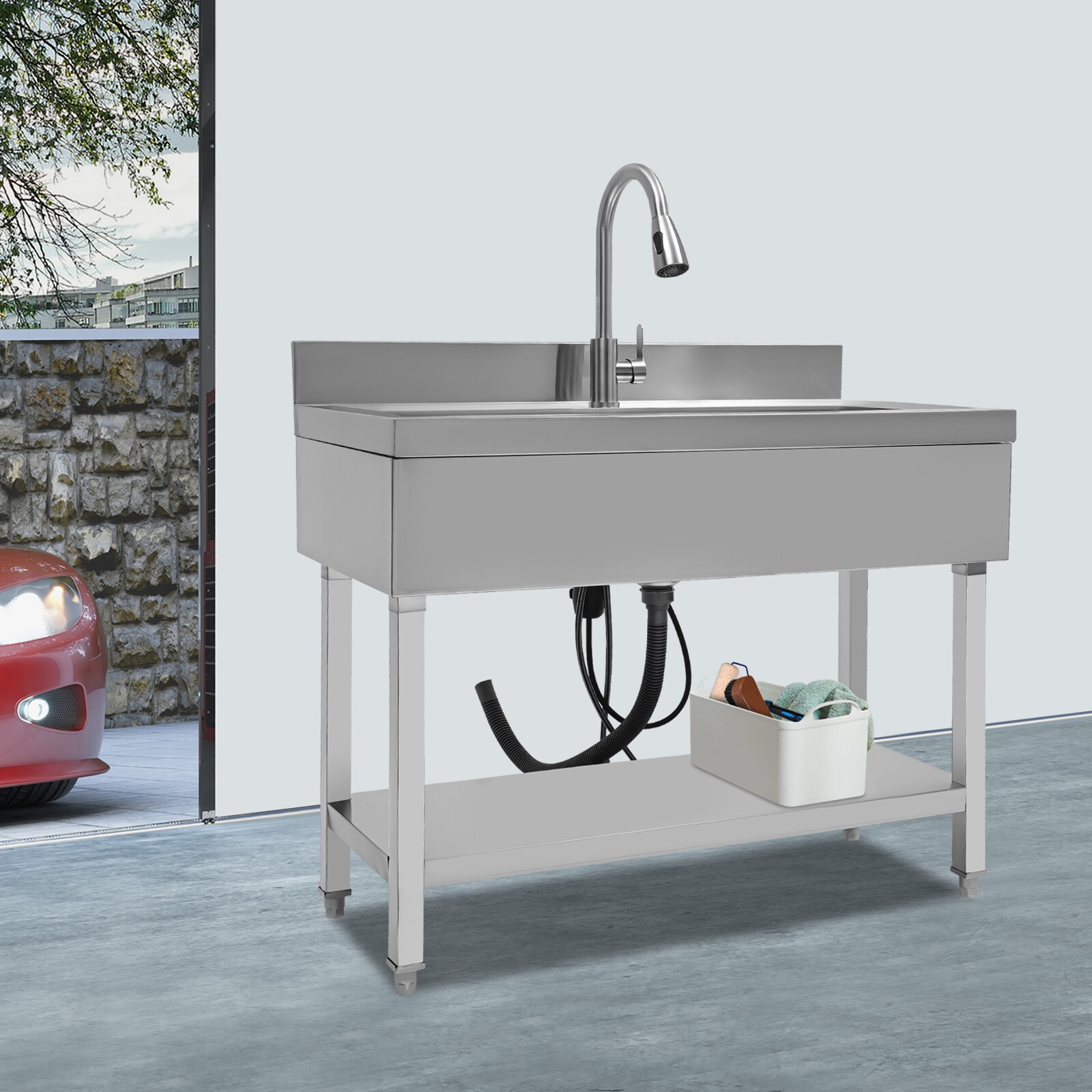 Commercial Sink Stainless Steel Utility Sink Single Bowl Kitchen Sink w/ Faucet