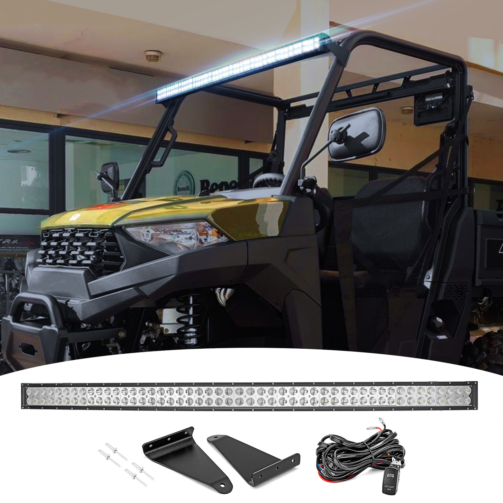 52" LED Curved Light Bar Bracket Wire For Polaris Ranger 570 900 1000 Fullsize