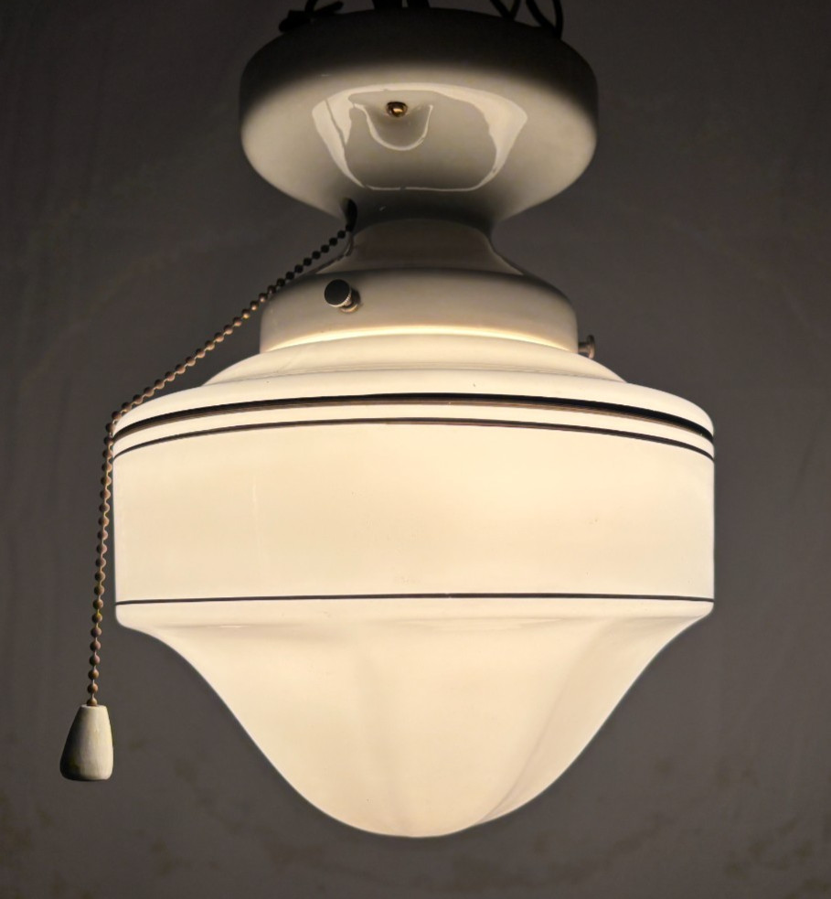 Vtg Porcelain Light Fixture Ceramic Ceiling Art Glass Shade Stripe USA #L99