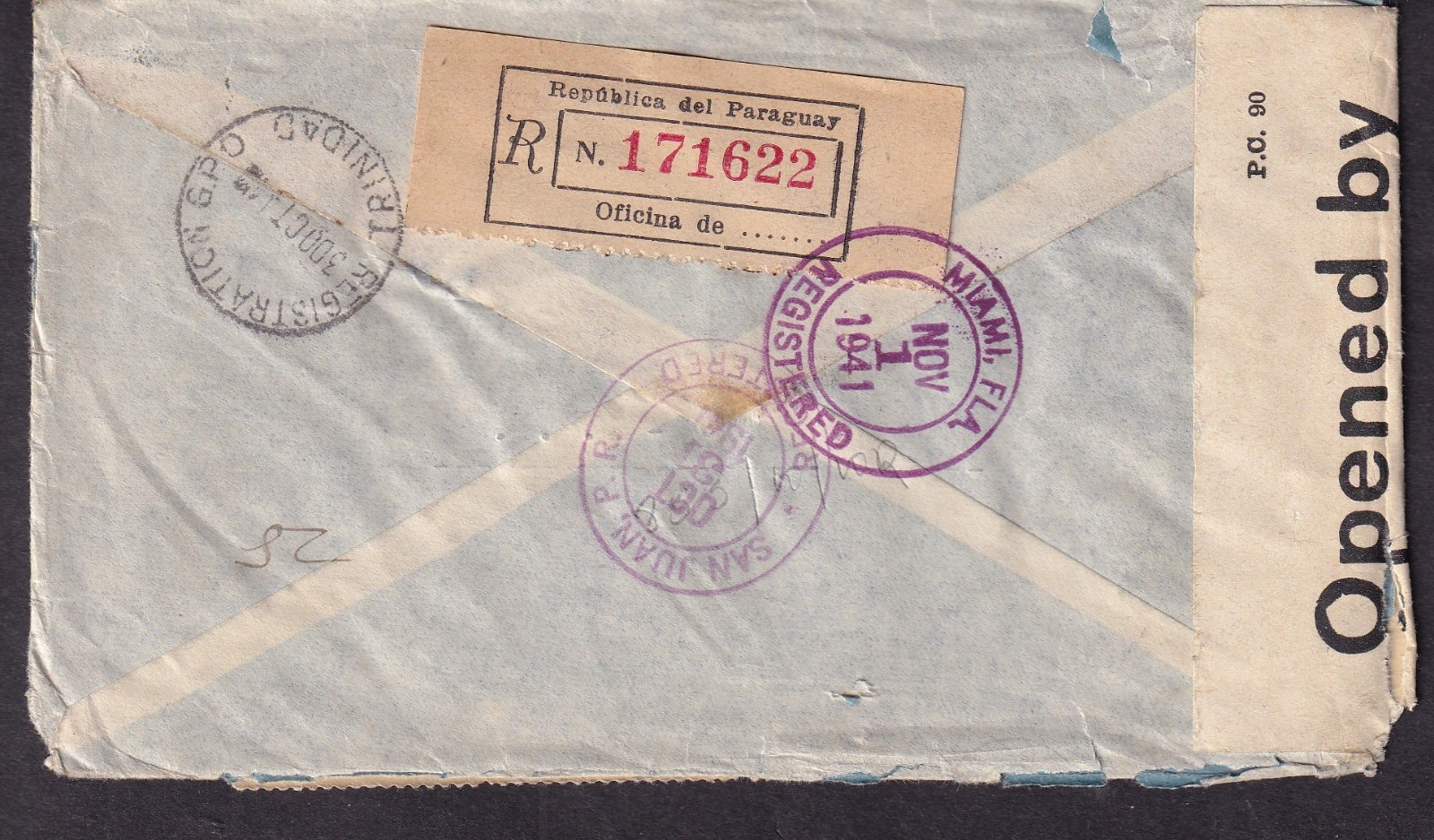 Paraguay WWII PC90 censor registered cover to MASS via Trinidad San Juan & Miami