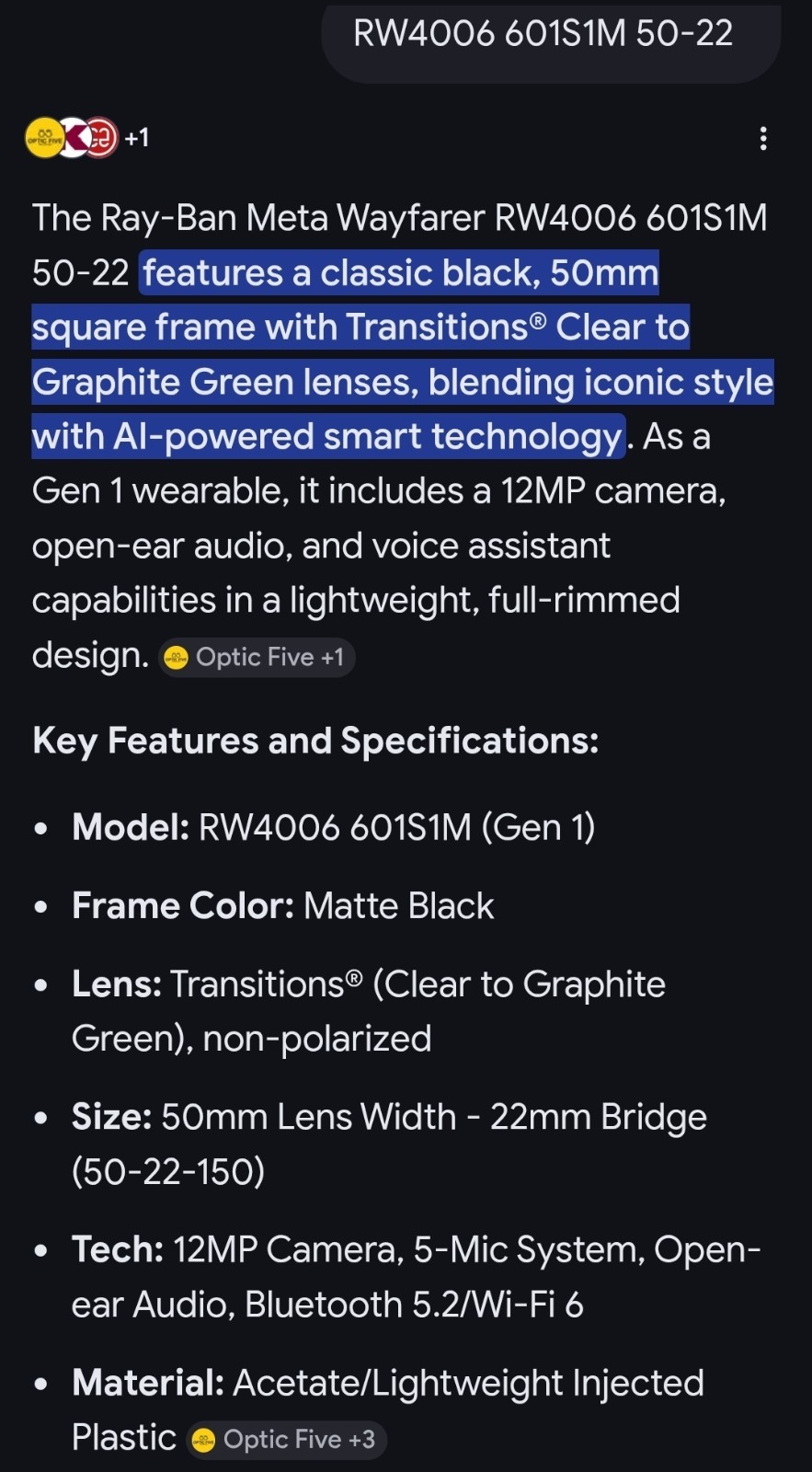 Ray-Ban Meta Wayfarer Gen 1 Matte Black, 50-22 Transitions Green - RW4006 601S1M