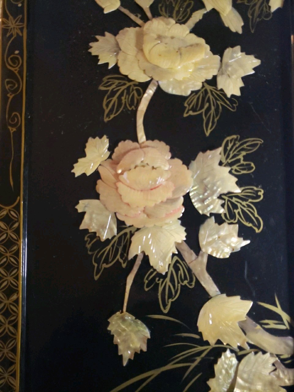 Vintage MCM 4-Panel Mother of Pearl/Black Lacquer Asian Art Wall Panels 36"x12"