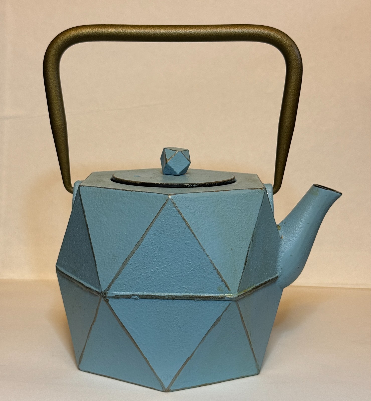 Japanese Tetsubin Cast Iron Blue Diamond Geometric Tea Kettle Stovetop w Infuser