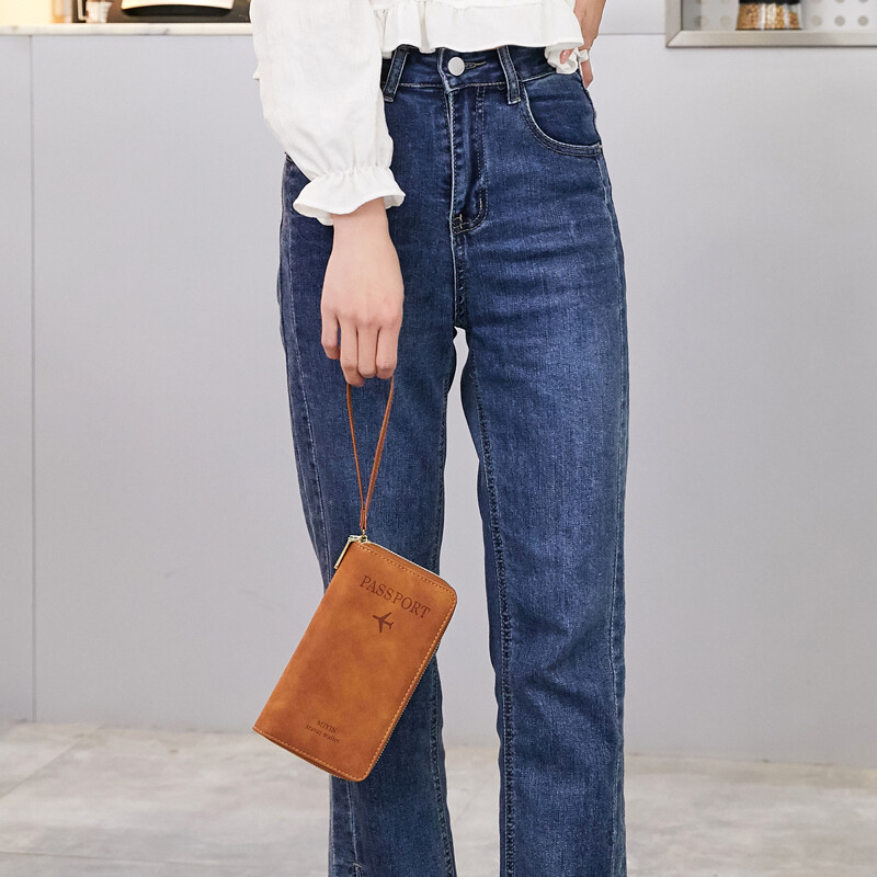 RFID Leather Travel Passport Case Cover Zipper Wallet Card Holder with Wristband