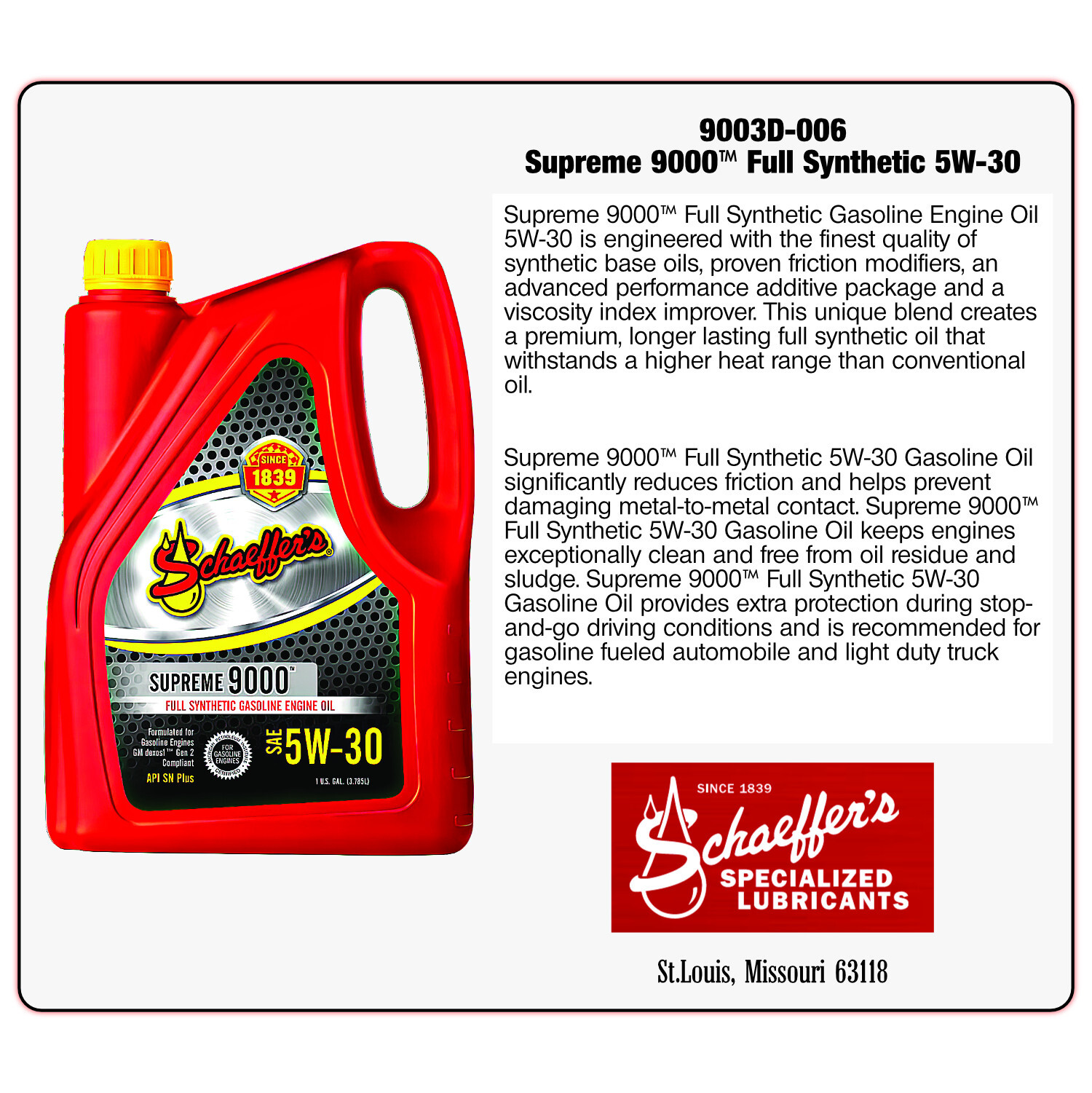 Schaeffer Oil Supreme 9000™ Full Synthetic Gasoline Engine 5W-30 - 1 Gallon
