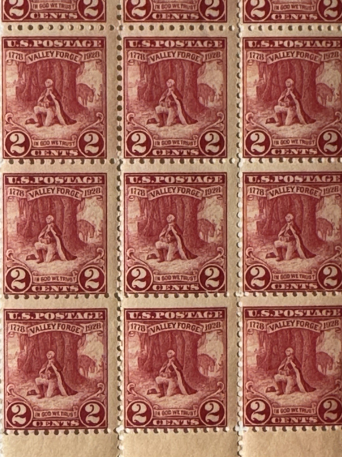 1928 Valley Forge 2 Cents Stamp Sheet Of 15 Stamps Mint