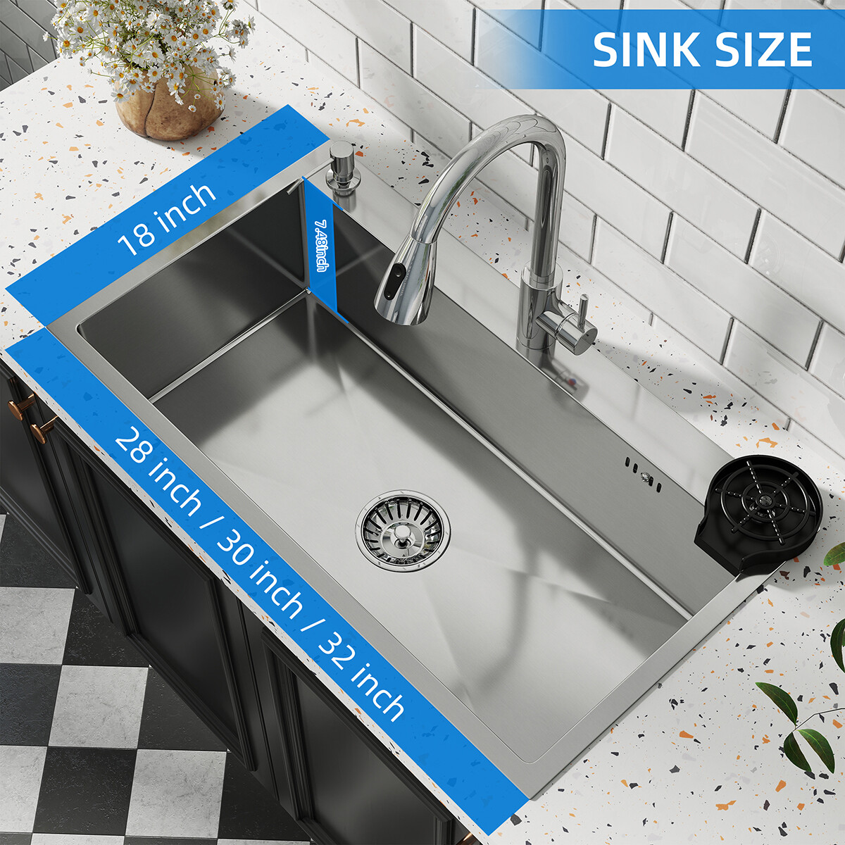 Kitchen Sink Drop In Stainless Steel Single Bowl Top Mount w/ Faucet 28"/30"/32"