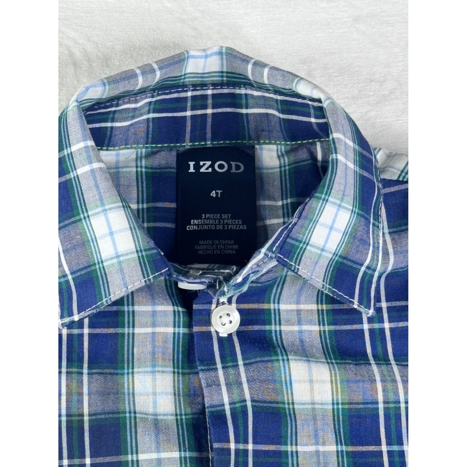 IZOD Button Down Shirt Toddler 4T Blue Green Plaid Excellent Long Sleeve Woven