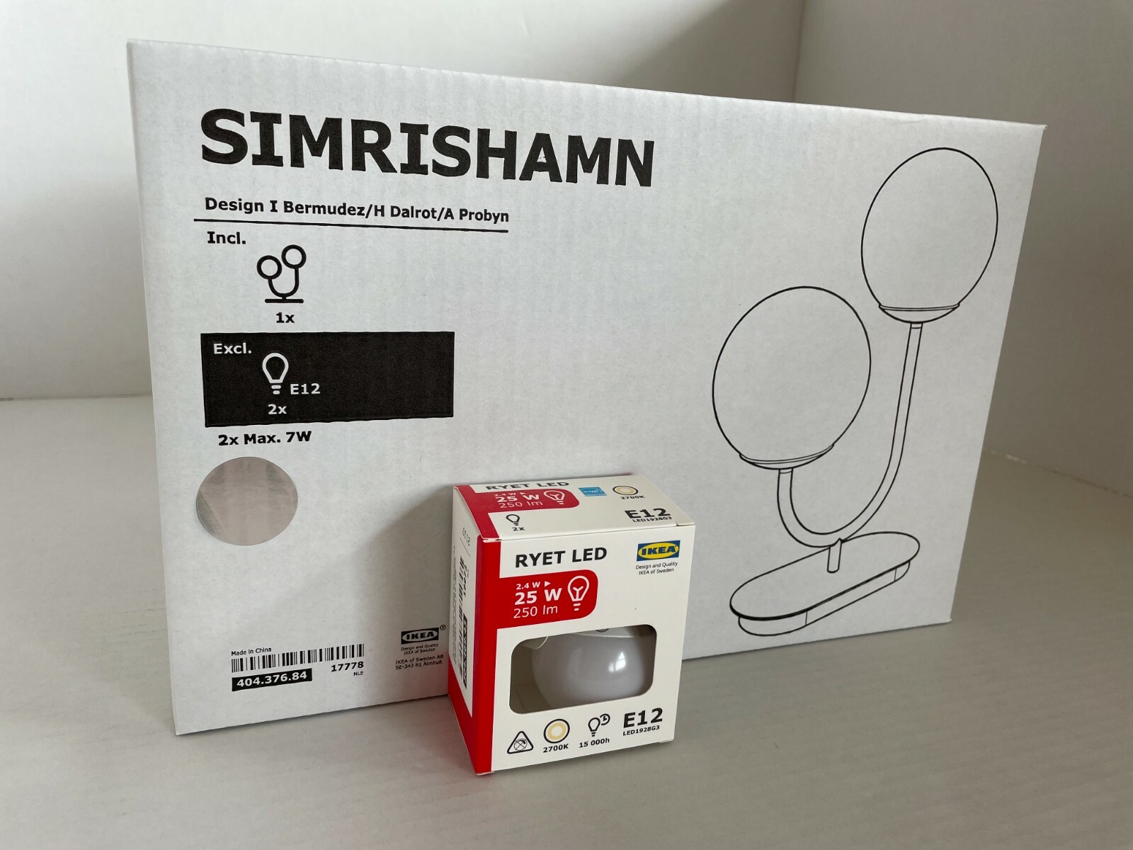 Ikea SIMRISHAMN Table lamp w/ 2 LED bulbs chrome, opal glass 17 " - NEW