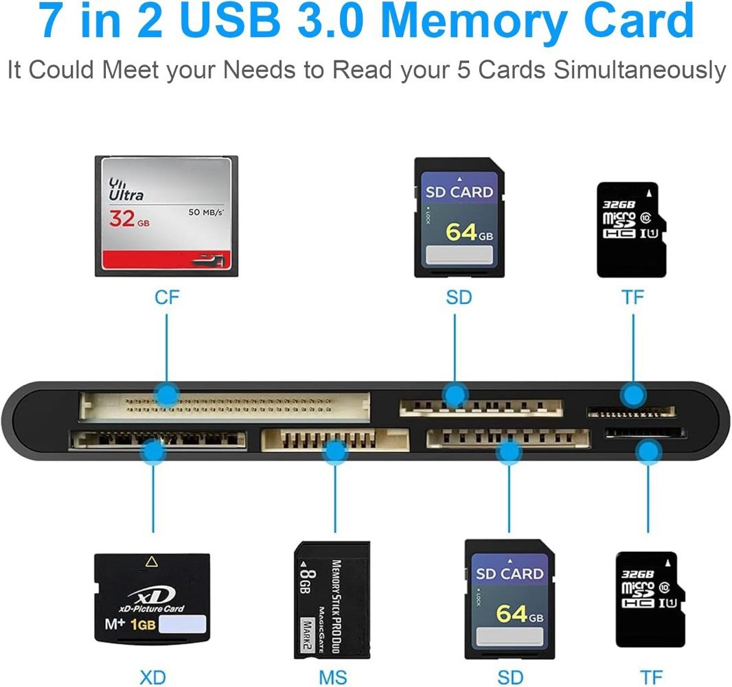 7 in 1 USB 3.0 Memory Card Reader Adapter Hub, for SD, CF, TF, Micro SD, XD, MS
