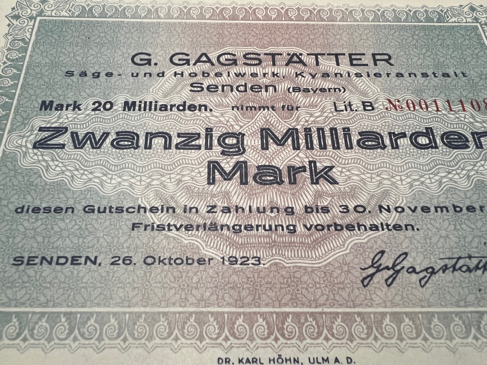 1923 Germany 20 Billion Mark Post WWI Pre WWII Banknote World Paper Money Kaiser