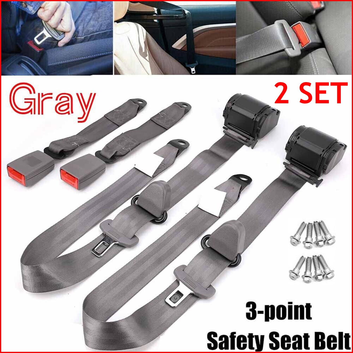 2 Retractable 3 Point Safety Gray Seat Belt Straps Vehicle Adjustable Belt Kit